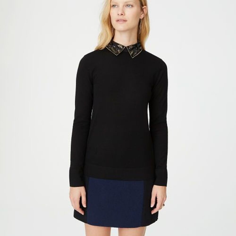 Club Monaco Onalee Sweater Beaded Embellished Collar Black Merino Wool small